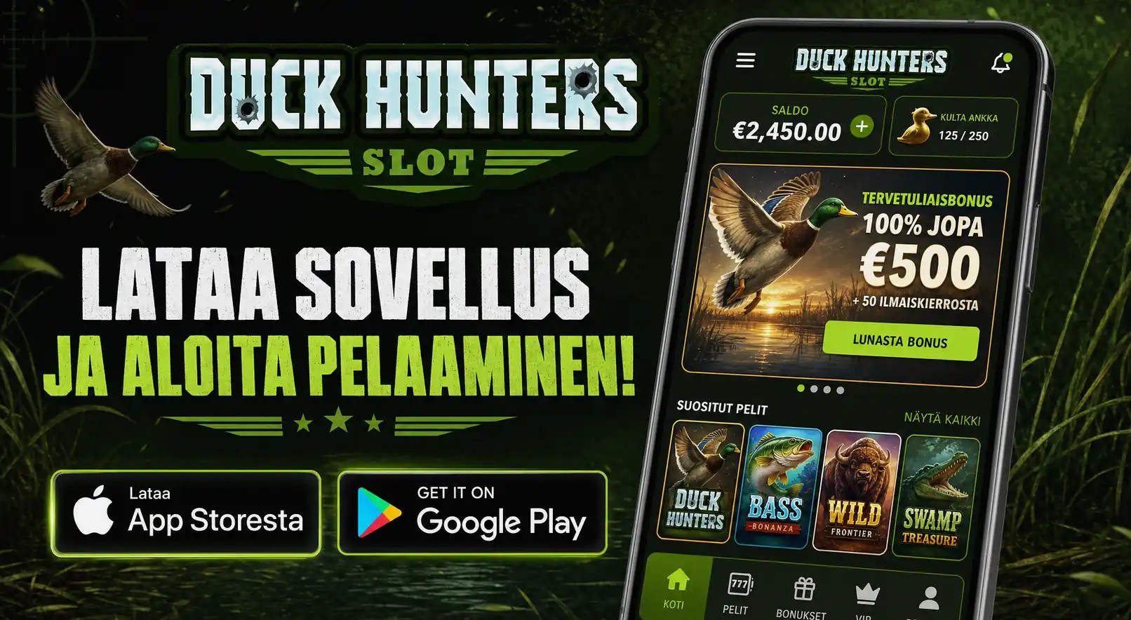 Mobile app download promo for WinnItt Casino with App Store and Google Play badges, localized for FI.